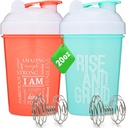 [2 Pack] 20Ounce Shaker בקבוק עם ציטוטים מוטיבציה (Coral & Mint) | חלבונים Shaker בקבוק עם Mixer Agitators | בלנדר Shaker Bottle for Proteines Pack הוא BPA חינם ו Dishwasher בטוח יותר