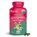 Zena Nutrition אורגני Super Greens פירות & Veggies תוסף, 70+ Superfoods של פירות וירקות, 3g סיבים, Spirulina, Chlorella, Prebiotics & Probiotics, Enzymes, 180 קפסולות