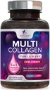 Multi Collagen תוסף 2400 מ"ג - סוגים I, II, III, V & X Multi Collagen Peptides Pills for Women & Men, hydrolyzed Collagen תוספים, שיער, עור, ריח ותמיכה משותפת - 120 קפסולות