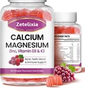 Calcium Gummies, Calcium Magnesium Zinc עם ויטמין D3 & K2, Calcium Magnesium תוסף עבור שרירי B0nes, Grape Flavor - 120 Count Count Count