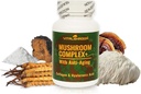 Mushroom Complex with Anti-Aging Natural Mushroom-based Anti-Aging תוספים עם Chaga, Lion's Mane, Cordyceps, Reishi, Collagen, Hyaluronic Acid, ויטמינים B1, B2, B6, C, D.