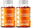 ויטמין D3 Gummies - 5000 IU Per Gummy | 60 חניכיים לבקבוק | חבילת 2 (כולל 120 ספירה) טעם גדול | תמיכה בעצם, שיניים, Mood, Joint & Immune Health
