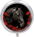 סוס שחור על רקע של Red Roses Pill Case 3 השוואתי גלולת גלולת גלולת הגלולה היומית מארגנת Pocket Purse Daily Medicine Container to Hold ויטמינים Fish Oil Travel Gifts