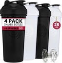 GOMOYO 4Pack - 28 בקבוקי חלבון Ounce עבור Mixes, 4xWire Whisk, Leak Proof Bulk Mixes ו-Pre-Workout Shaker Cups, Dishwasher Safe & BPA חינם, שחור ולבן