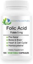 Folic Acid Folate 5mg (B9) Prenatal, Reproductive Health, Homocysteine, Metabolism, Cardiovascular, Bone, Immune Support, Allergen Free, Non GMO - 100 Vegan Capsules
