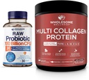 Wholesome Wellness Probiotics 100 מיליארד CFU, ד"ר פורמולה עבור נשים וגברים + Multi Collagen חלבון אבקת hydrolyzed (Type I II III V X) Bundle