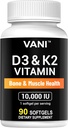 ויטמין VANI D3 (10000o / 250mcg) + K2 (כמו Mk7), עבור עצמות ושרירים ובריאות שיניים, 90 SOFTGELS