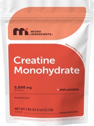 Micro Ingredients Creatine Monohydrate אבקה 1 ק"ג (2.2 Lbs), 5000 מ"ג פר  המשרת, אבקת קראטין מיקרון מבוזר, Unflavored, No Filler, Keto & Vegan, Easy Dissolve, Pre Workout for Women & Men *