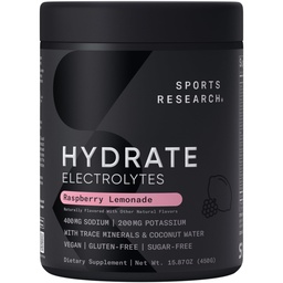 מחקר ספורט ® Hydrate Electrolytes אבקת - סוכר חינם ובאופן טבעי פלבב עם ויטמינים, מינרלים, קוקוס מים - תמיכה הידרה - לימונדה פטל - 90 משרתים