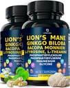 אריות אורגניות Mane תוספי קפסולות - 240 Real Mushrooms Lion's Mane כמוסות עם ג'ינקגו בילובה Herb, Bacopa Monnieri, L Theanine, L Tyrosine - מתחם Mushroom עבור Daily Wellness