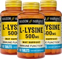 MASON NATURAL L-Lysine 500 מ"ג עם Calcium - שיפור תפקוד Immune, הגדלת Absorption, Essential Amino Acid, 100 טבליות (Pack of 3)