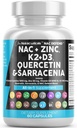 NAC תוסף N-Acetyl Cysteine ויטמין D3 K2 Zinc Quercetin Sarracenia Purpurea Immune תמיכה; Elderberry Holyזיל Bee Propolis L-Lysine קפסולות תוספי עבור נשים גברים מבוגרים