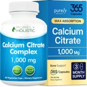 Calcium Citrate 1000 מ"ג - 365 קפסולות טבעוניות לא טבליות עם תוספת Parsley, Dandelion and Watercress - ללא ויטמין D - מיוצר בארה"ב על ידי Purely Holistic