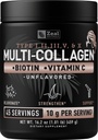 Premium Multi Collagen Peptides אבקת חלבון (1, 2, 3, 5 ו 10) עם ויטמין C, ביוטין, Hyaluronic Acid, עבור שיער עור וציפורים - Marine, Bovine, עוף וביצים (Unflaved, 45 משרתים)