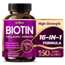 GriMed BIOTIN עם Collagen + Keratin 7,275 מ"ג ציפורניים חזקות שיער, עור רדנט, הזדקנות בריאה ארה"ב Made & Tested (150 Count (Pack of 1))