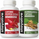 STAY ALIVE Cayenne ו- Ashwagandha Bundle w/Black Pepper Extracts, 240 גלולות טבעוניות, non-GMO & Gluten Free Ashwagandha Cayenne Pepper