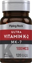 Piping Rock ויטמין K2 MK7 | 100 mcg | 120 Softgels | Non-GMO, Gluten Free Supplement