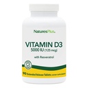 Natures Plus ויטמין D3, Extended Release - 90 טבליות טבעוניות - 5000 IU + 25 מ"ג Trans-Resveratrol - Heart & Bone Health, Immune System Support, Anti-Aging - Gluten Free - 90 משרתות