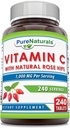 Pure Naturals ויטמין C עם רוז HIPS 1000 מ"ג פרי לשרתים | 240 טבליות תוסף | Non-GMO | Gluten Free | Made in USA