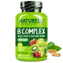 NATURELO ויטמין B Complex, 120 קפסולות, טבעוני, CoQ10, Methyl Folate, Biotin, Fruit & Veg, תומך באנרגיה ותגובה ללחץ בריא, ויטמין B מורכב עבור נשים וגברים