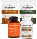 Real Mushrooms RealBoost (60ct), Lions Mane (120ct), Cordyceps & Turkey Tail Mushroom אבקת & קפסולות בונדלה - תוספת של אנרגיה, Vitality, Endurance & Cognition - טבעוני, non-GMO