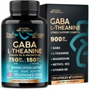 GABA L-Theanine 900 מ"ג - Made in USA - מגנזיום | ויטמין B6 - Calm, Sleep,laxation & Mood Support - 750 מ"ג Gamma Aminobutyric Acid, 150 מ"ג L-theanine - Non-Habit Forming, טבעוני - 120 קפסולות