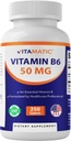 ויטמין Vitamatic B6 (Pyridoxine HCI), 50 מ"ג 250 טבליות צמחוניות - מקדם ייצור אנרגיה, מגביר את המטאבוליזם ואת תמיכה בריאות החיסון