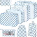 8 Set Packing Cubes for Suitcases,Packing Cubes with Shoe Bag, Cosmetics Bag, Dress Bag, אביזרים Bags Packing Cubes for Travel Luggage מארגנת נשים (כחול צ'קרד)