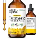 Wild & אורגני Turmeric Tincture - Turmeric Curcumin עם Black Pepper לחלץ - תוספי תמיכה ניידות - Curcumin Root נוזל טיפות - טבעוני, סוכר ואלכוהול חינם - 4 oz