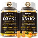 ויטמין D3 5000iu & K2 (כ MK7) 200 מ"ג חניכיים + 600 מ"ג Calcium, עם שמן קוקוס עבור Absorption גבוהה, ויטמין כוח מקסימלי D3 K2 - תמיכה עבור עצמות שריר השיניים Immune, 2Packs טבעוני 2Packs