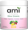 אבקת Glow Greens, Collagen עם פרוביוטיקה, ויטמינים, Enzymes Digestive, Superfoods, Gut Health, Bloating Relief, Radiant Skin, Natural Glow, Spirulina, Juice, 30 SVG, מנגו, מנגו