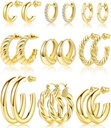 Adoyi 9 Pairs Gold Hoop אוזנייםrings Set for Womens Twisted Huggie Hoggie Hoops אוזנייםrings 14K 18K זהב פלט עבור בנות ולנטינוס יום ההולדת של אמא