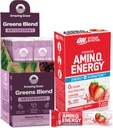 Grass Bundle מדהים של Optimum Nutrition Essential Amino Energy Plus אלקטרוליטים Stick Packs, אבקת אנרגיה, סטרוברי Burst, 7 Count Greens Superfood Antioxidant: Sweet Berry, 15 משרתים
