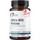 עיצובים לבריאות Ultra Methylated B12 + Methyl Folate - ויטמין B12 Methylcobalamin ו- Folate תוספת, Adenosylcobalamin & 5-MTHF עבור Nerve, אנרגיה סלולרי + תמיכה Methylation (90 קפסולות)