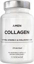 Amen Multi Collagen Peptides קפסולות עם Hyaluronic Acid ו ויטמין C - 5 סוגים של חלבון קולגן סוג I, II, III, V, X - Grass Fed hydrolyzed - 18 Amino Acids - תוסף קולגן - 90 גלולות