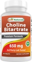 Best Naturals Choline Bitartrate 650 מ"ג (Non-GMO) עבור תפקוד המוח הקוגניטיבי הטוב ביותר 180 טבליות