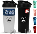 2 Pack 45 oz חלבונים Shaker Bottles with Wire Whisk - BPA-Free, Leak-Proof Shaker Cups forחלבון Shakes & Smoothies - בקבוק זיקוק מפלסטיק גדול - קלאסי לבן & חצות שחור