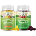 Bundle של ילדים DHA אומגה 3 חניכיים - Fatty Acids אומגה 3 6 9 עבור המוח Immune כוח וחזון - תזונה DHA ו Sambucus Elderberry חניכיים לבריאות ילדים - Zinc & ויטמין C עבור תמיכה Immune