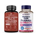 Wholesome Wellness Super-Absorb Multi Collagen Pills (Type I II III V X) אורגני Herbs ו Bioperine + ד"ר פורמולה Raw Probiotics לנשים 100 מיליארד CFUs עם Prebiotics Bundle