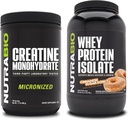 NutraBio Creatine Monohydrate, Unflavored, 500g ו Whey חלבון Isolate, Cinnamon Sugar Donut, Bundle - שריר אנרגיה, צמיחה, התאוששות וכוח