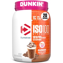 Dimatize x Dunkin' Mocha Latte ISO100 אבקת חלבון Whey, 95 מ"ג Caffeine, 25g של חלבון, 5.5g BCAAs, 120 Cal, Gluten Free, 1g שומן, 1g סוכר, 3g Carb לשרת (20)