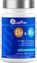 CanPrev D3 & K2 ויטמינים 120 Softgels, 120 ימים אספקה, 1000IU ויטמין D3 & 120mcg K2, תומך עצמות חזקות, שיניים, בריאות הלב, Easy-to-Absorb עם שמן קוקוס אורגני, No GMO, Gluten, Soy, חלב