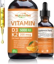 ויטמין D3 + K2 טיפות: 5000 IU Plant- Based D3 & 200mcg K2 נוזלי תוספי מזון | קיצור מהיר לתמיכה במזל, בריאות העצם & הלב | טבעוני, non-GMO (30 מ"ל)