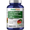 NusaPure 43 פירות ו Veggies Herbal בלנדר, 11 Enzymes & Probiotics, 1200 מ"ג, 250 קפסולות Veggie (Non-GMO, טבעוני)