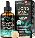 Lions Mane Liquid - USDA Certified Organic Lions Mane Supplement - Brain Support, Energy, Memory & Focus - Sugar & Alcohol-Free Lion's Mane Mushroom 72,000 מ"ג / בקבוק, 2 Fl OZ, 2 חודש אספקה