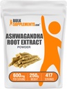 BulkSupplements.com Ashwgandha Root Extraction - Ashwagandha תוסף, Herbal Supplement - טבעוני וגלוטן חינם, 600 מ"ג לשרת, 250g (8.8 oz) (Pack of 1)