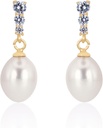 18K זהב פלט סטרלינג Silver Dangle White Drop Handpiced Quality Freshwater Cultured Pearl Wedding Earrings with Cubic Zirconia Crystals פרל Bridal אוזניות