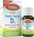 Super Daily D3 של קרלסון, 600 IU (15 mcg) ל Drop - ויטמין נוזלי D טיפות לילדים, 90 טיפות (2.54 mL), Vegetarian, Unflaved