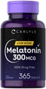 קרליל מלטונין 300 mcg | 365 Tablet | Low Dose | Vegetarian, non-GMO, Gluten Free