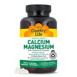 Country Life Target-Mins Calcium Magnesium עם ויטמין D-Complex, 1000 מ"ג /500 מ"ג, 120 קפסולות טבעוניות, Gluten Free, מוסמך טבעוני, מאומת non-GMO מאומתים